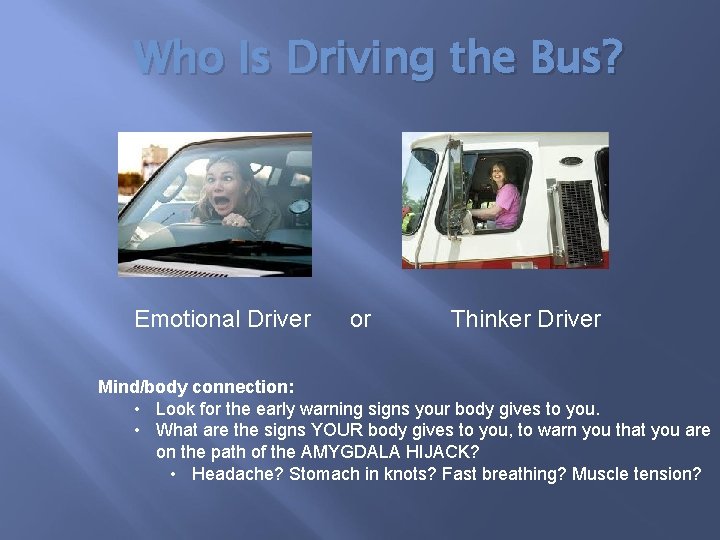 Who Is Driving the Bus? Emotional Driver or Thinker Driver Mind/body connection: • Look