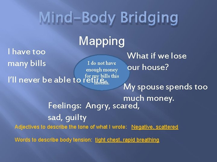 Mind-Body Bridging I have too many bills Mapping I do not have enough money