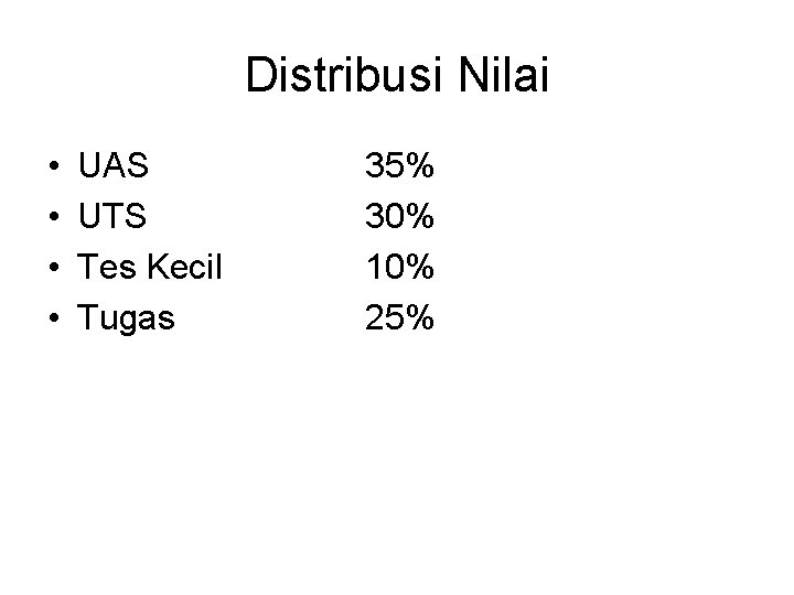 Distribusi Nilai • • UAS UTS Tes Kecil Tugas 35% 30% 10% 25% 