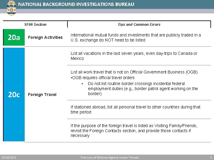 NATIONAL BACKGROUND INVESTIGATIONS BUREAU SF 86 Section 20 a Foreign Activities Tips and Common