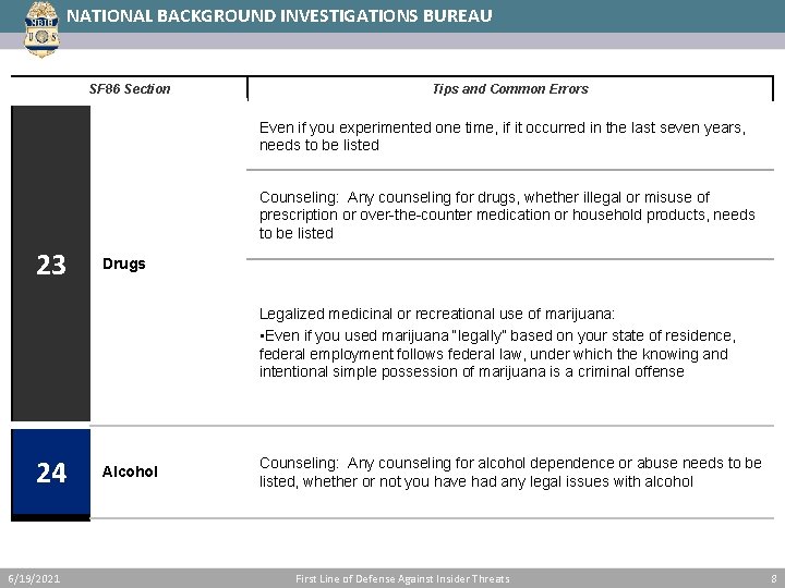 NATIONAL BACKGROUND INVESTIGATIONS BUREAU SF 86 Section Tips and Common Errors Even if you