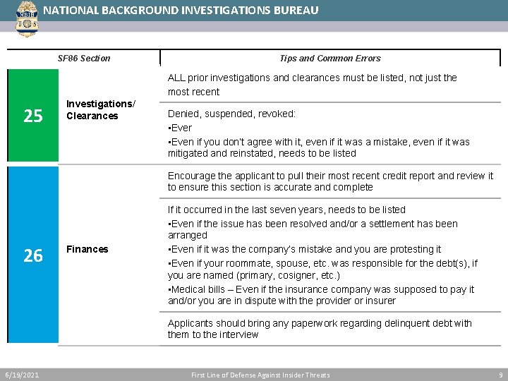 NATIONAL BACKGROUND INVESTIGATIONS BUREAU SF 86 Section Tips and Common Errors ALL prior investigations