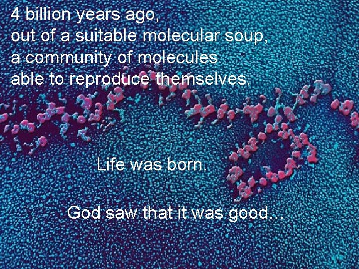 4 billion years ago, out of a suitable molecular soup, a community of molecules