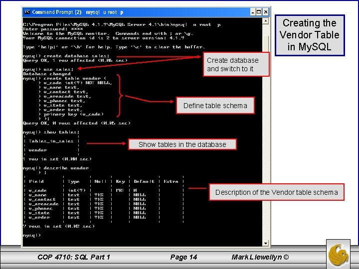 Creating the Vendor Table in My. SQL Create database and switch to it Define