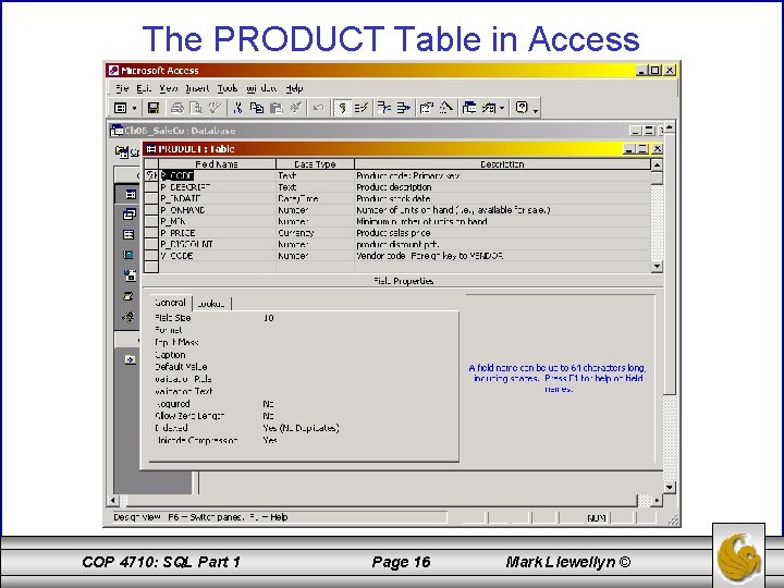 The PRODUCT Table in Access COP 4710: SQL Part 1 Page 16 Mark Llewellyn