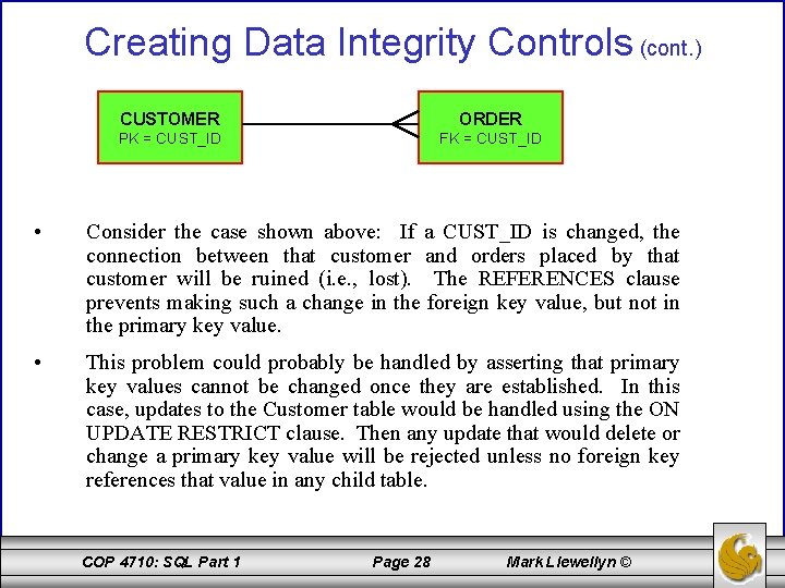 Creating Data Integrity Controls (cont. ) CUSTOMER ORDER PK = CUST_ID FK = CUST_ID