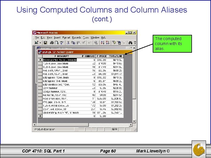 Using Computed Columns and Column Aliases (cont. ) The computed column with its alias.