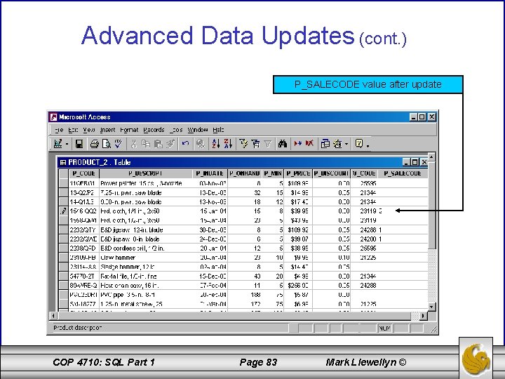 Advanced Data Updates (cont. ) P_SALECODE value after update COP 4710: SQL Part 1