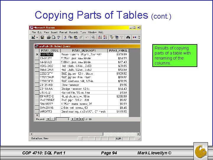 Copying Parts of Tables (cont. ) Results of copying parts of a table with