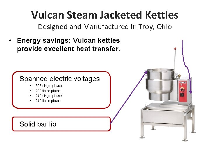 Vulcan Steam Jacketed Kettles Designed and Manufactured in Troy, Ohio • Energy savings: Vulcan