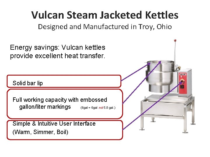 Vulcan Steam Jacketed Kettles Designed and Manufactured in Troy, Ohio Energy savings: Vulcan kettles