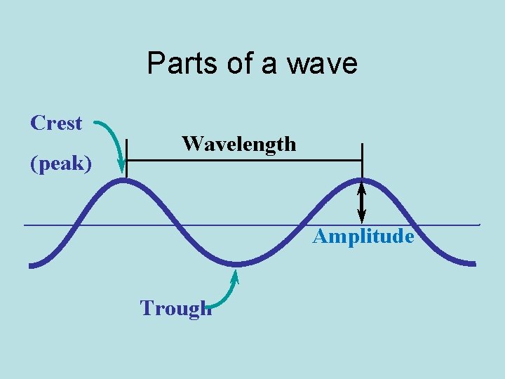 Parts of a wave Crest (peak) Wavelength Amplitude Trough 