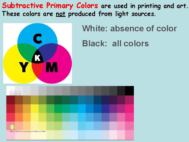 Subtractive Primary Colors are used in printing and art. These colors are not produced