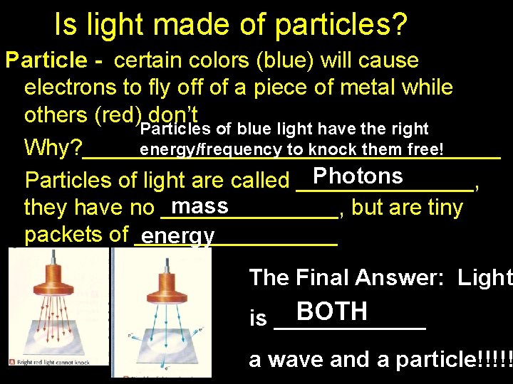 Is light made of particles? Particle - certain colors (blue) will cause electrons to