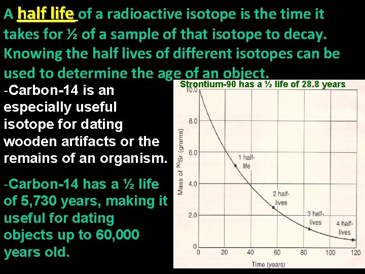 A half life of a radioactive isotope is the time it takes for ½