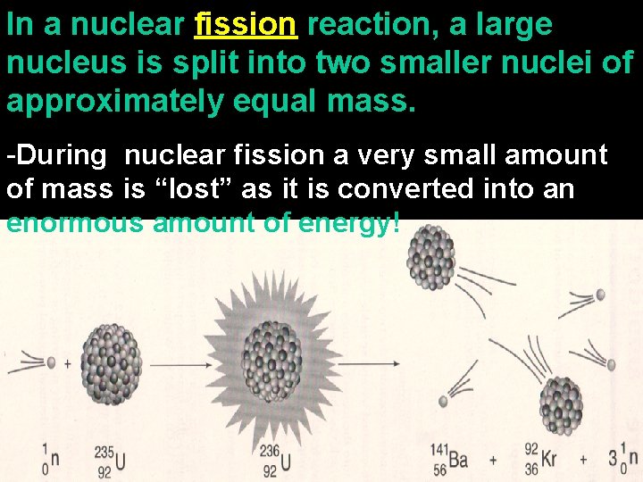 In a nuclear fission reaction, a large nucleus is split into two smaller nuclei