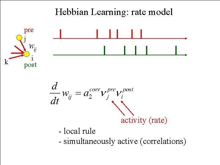 Hebbian Learning: rate model pre j k i post activity (rate) - local rule