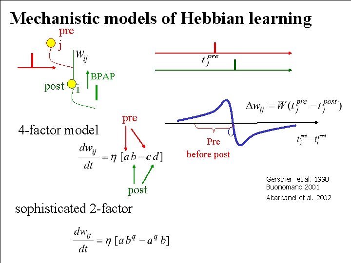 Mechanistic models of Hebbian learning pre j post BPAP i 4 -factor model pre
