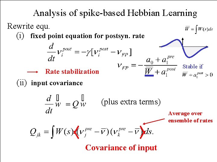 Analysis of spike-based Hebbian Learning Rewrite equ. (i) fixed point equation for postsyn. rate