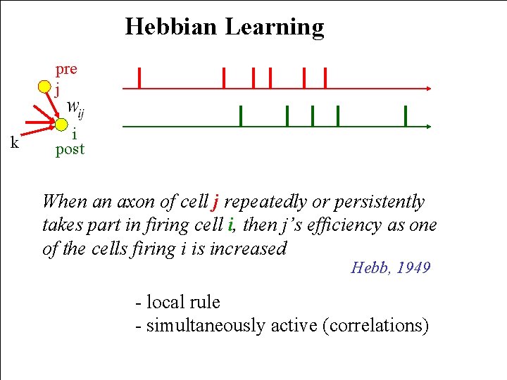 Hebbian Learning pre j k i post When an axon of cell j repeatedly