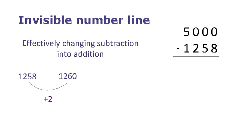 Invisible number line Effectively changing subtraction into addition 1260 1258 +2 - 5000 1258