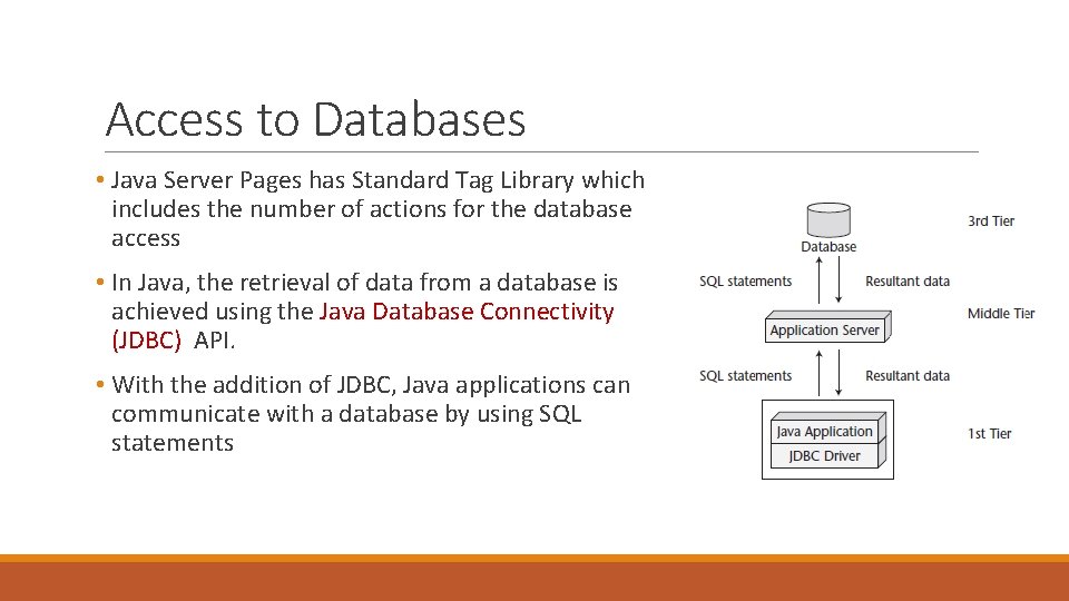 Access to Databases • Java Server Pages has Standard Tag Library which includes the