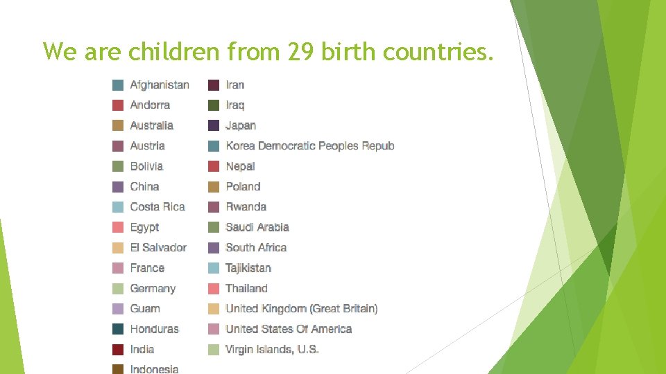 We are children from 29 birth countries. 