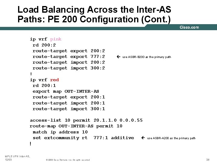 Load Balancing Across the Inter-AS Paths: PE 200 Configuration (Cont. ) ip vrf pink