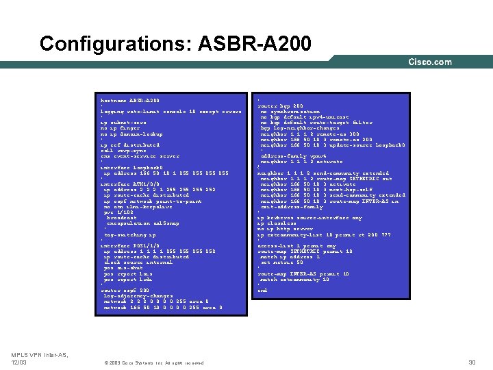 Configurations: ASBR-A 200 hostname ABSR-A 200 ! logging rate-limit console 10 except errors !