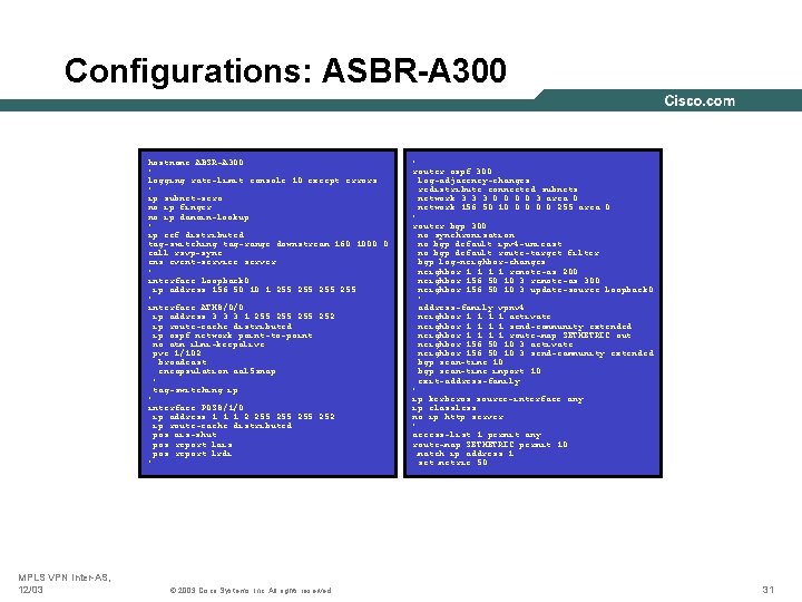 Configurations: ASBR-A 300 hostname ABSR-A 300 ! logging rate-limit console 10 except errors !
