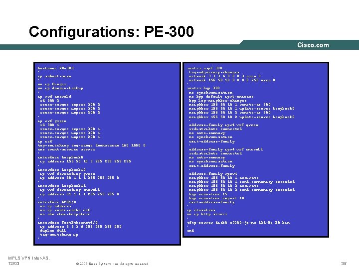 Configurations: PE-300 hostname PE-300 ! ip subnet-zero ! no ip finger no ip domain-lookup