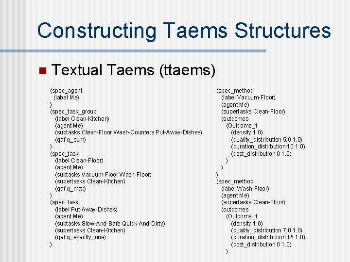Constructing Taems Structures n Textual Taems (ttaems) (spec_agent (label Me) ) (spec_task_group (label Clean-Kitchen)