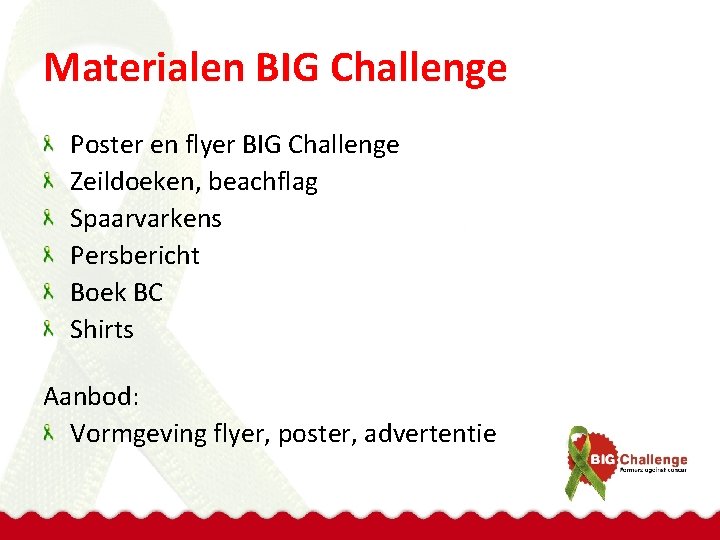 Materialen BIG Challenge Poster en flyer BIG Challenge Zeildoeken, beachflag Spaarvarkens Persbericht Boek BC