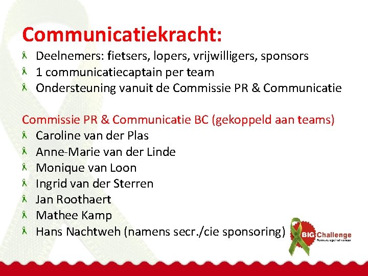 Communicatiekracht: Deelnemers: fietsers, lopers, vrijwilligers, sponsors 1 communicatiecaptain per team Ondersteuning vanuit de Commissie