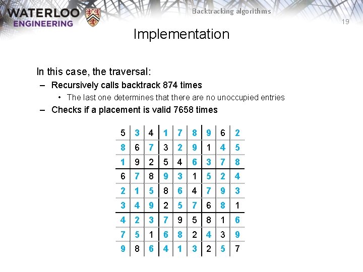 Backtracking algorithms 19 Implementation In this case, the traversal: – Recursively calls backtrack 874 Backtracking algorithms 19 Implementation In this case, the traversal: – Recursively calls backtrack 874