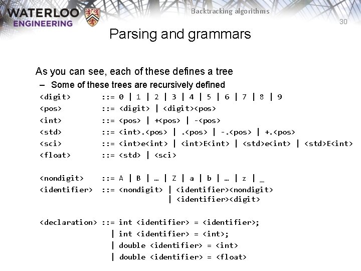 Backtracking algorithms 30 Parsing and grammars As you can see, each of these defines Backtracking algorithms 30 Parsing and grammars As you can see, each of these defines
