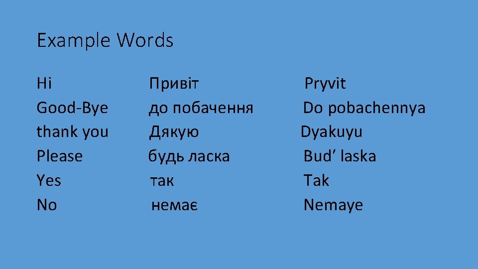 Example Words Hi Good-Bye thank you Please Yes No Привіт до побачення Дякую будь