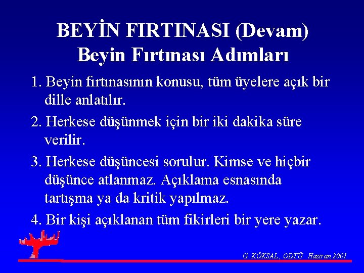 BEYİN FIRTINASI (Devam) Beyin Fırtınası Adımları 1. Beyin fırtınasının konusu, tüm üyelere açık bir