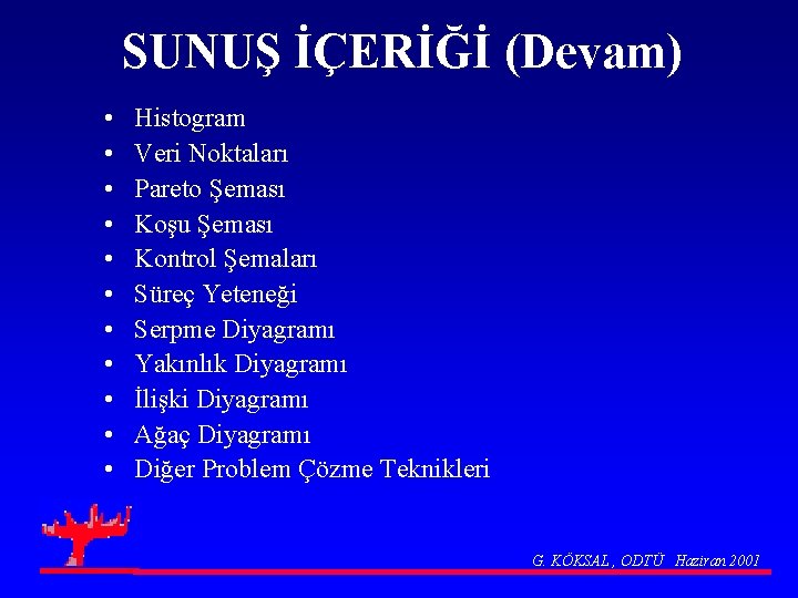 SUNUŞ İÇERİĞİ (Devam) • • • Histogram Veri Noktaları Pareto Şeması Koşu Şeması Kontrol