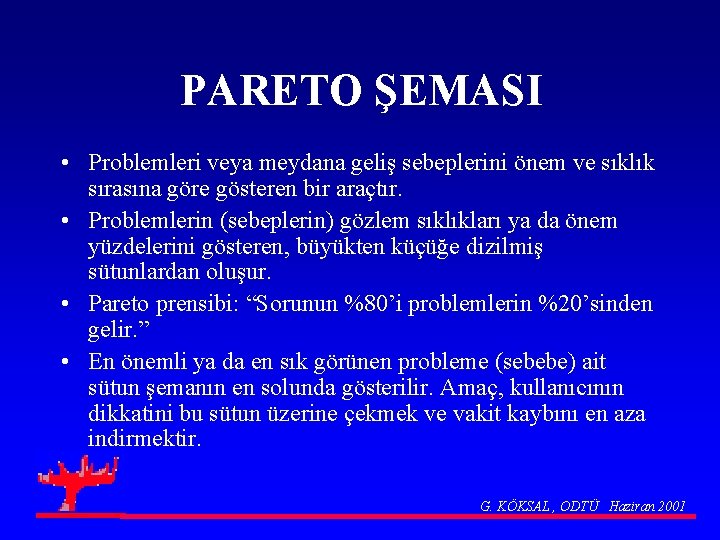 PARETO ŞEMASI • Problemleri veya meydana geliş sebeplerini önem ve sıklık sırasına göre gösteren