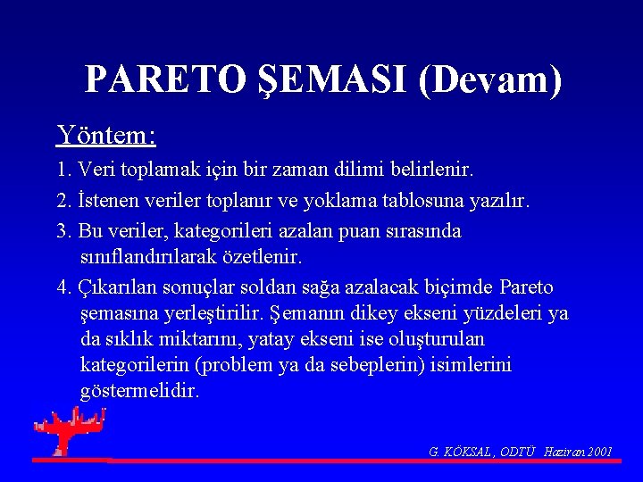 PARETO ŞEMASI (Devam) Yöntem: 1. Veri toplamak için bir zaman dilimi belirlenir. 2. İstenen