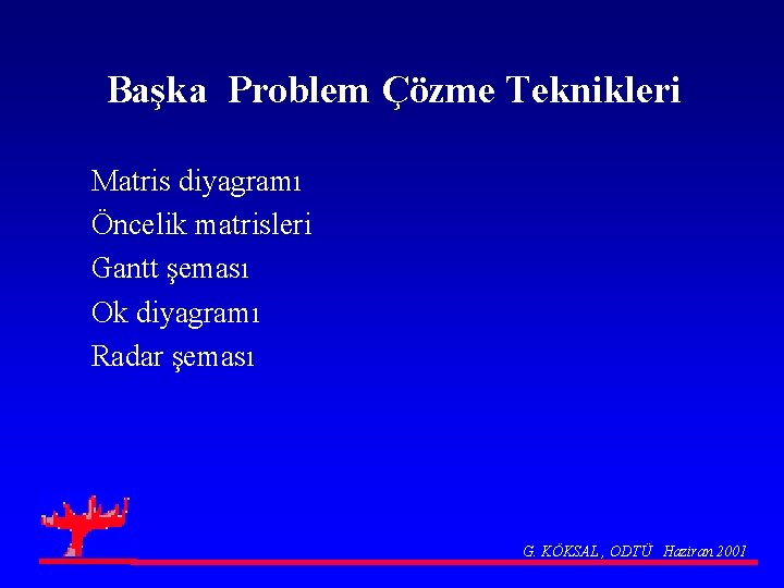 Başka Problem Çözme Teknikleri Matris diyagramı Öncelik matrisleri Gantt şeması Ok diyagramı Radar şeması