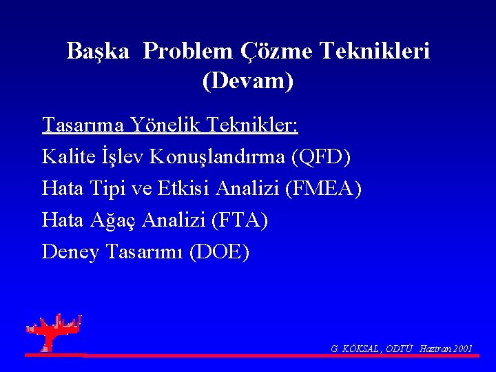 Başka Problem Çözme Teknikleri (Devam) Tasarıma Yönelik Teknikler: Kalite İşlev Konuşlandırma (QFD) Hata Tipi