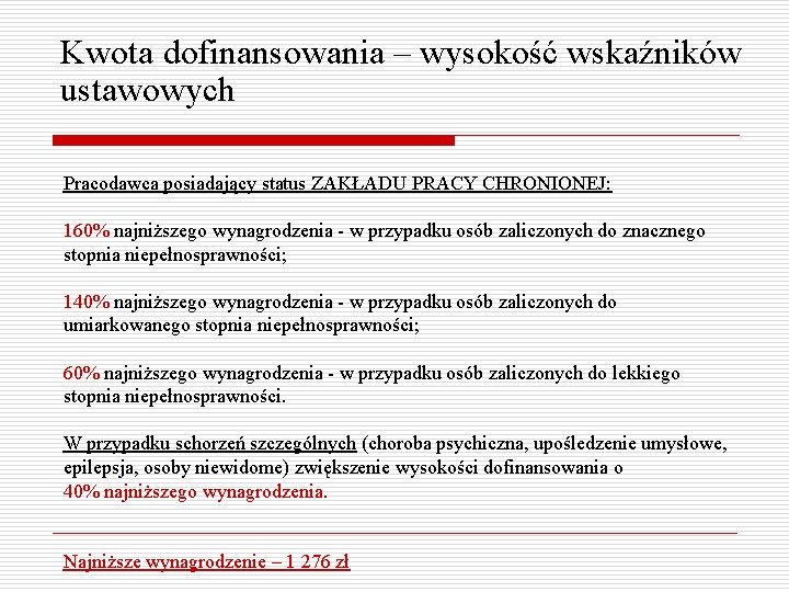 Kwota dofinansowania – wysokość wskaźników ustawowych Pracodawca posiadający status ZAKŁADU PRACY CHRONIONEJ: 160% najniższego