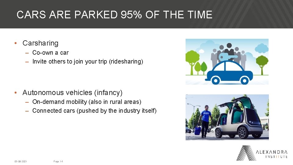 CARS ARE PARKED 95% OF THE TIME • Carsharing – Co-own a car –