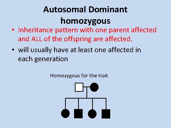 Autosomal Dominant homozygous • Inheritance pattern with one parent affected and ALL of the