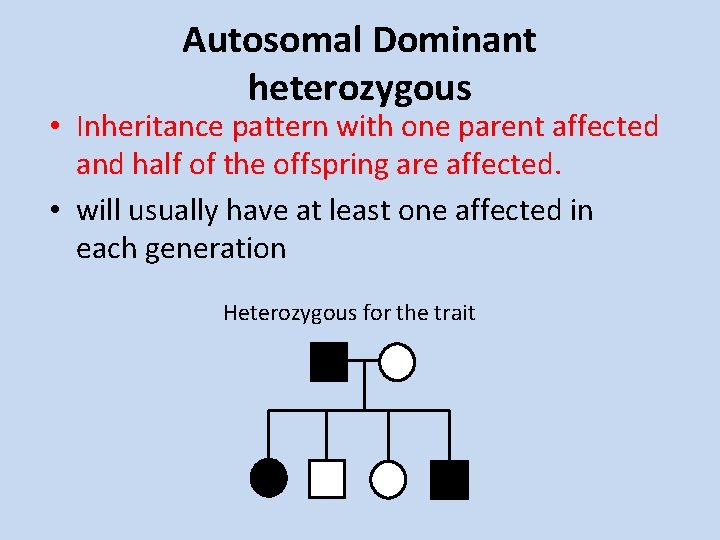 Autosomal Dominant heterozygous • Inheritance pattern with one parent affected and half of the