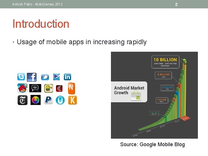 2 Ashish Patro - Mobi. Games 2012 Introduction • Usage of mobile apps in