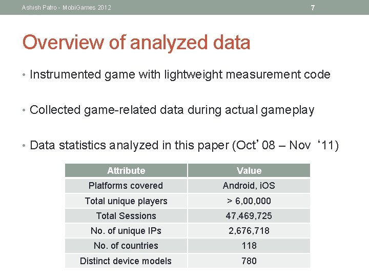 7 Ashish Patro - Mobi. Games 2012 Overview of analyzed data • Instrumented game