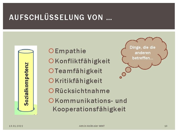 Sozialkompetenz AUFSCHLÜSSELUNG VON … 19. 01. 2022 Empathie Konfliktfähigkeit Teamfähigkeit Kritikfähigkeit Rücksichtnahme Kommunikations- und